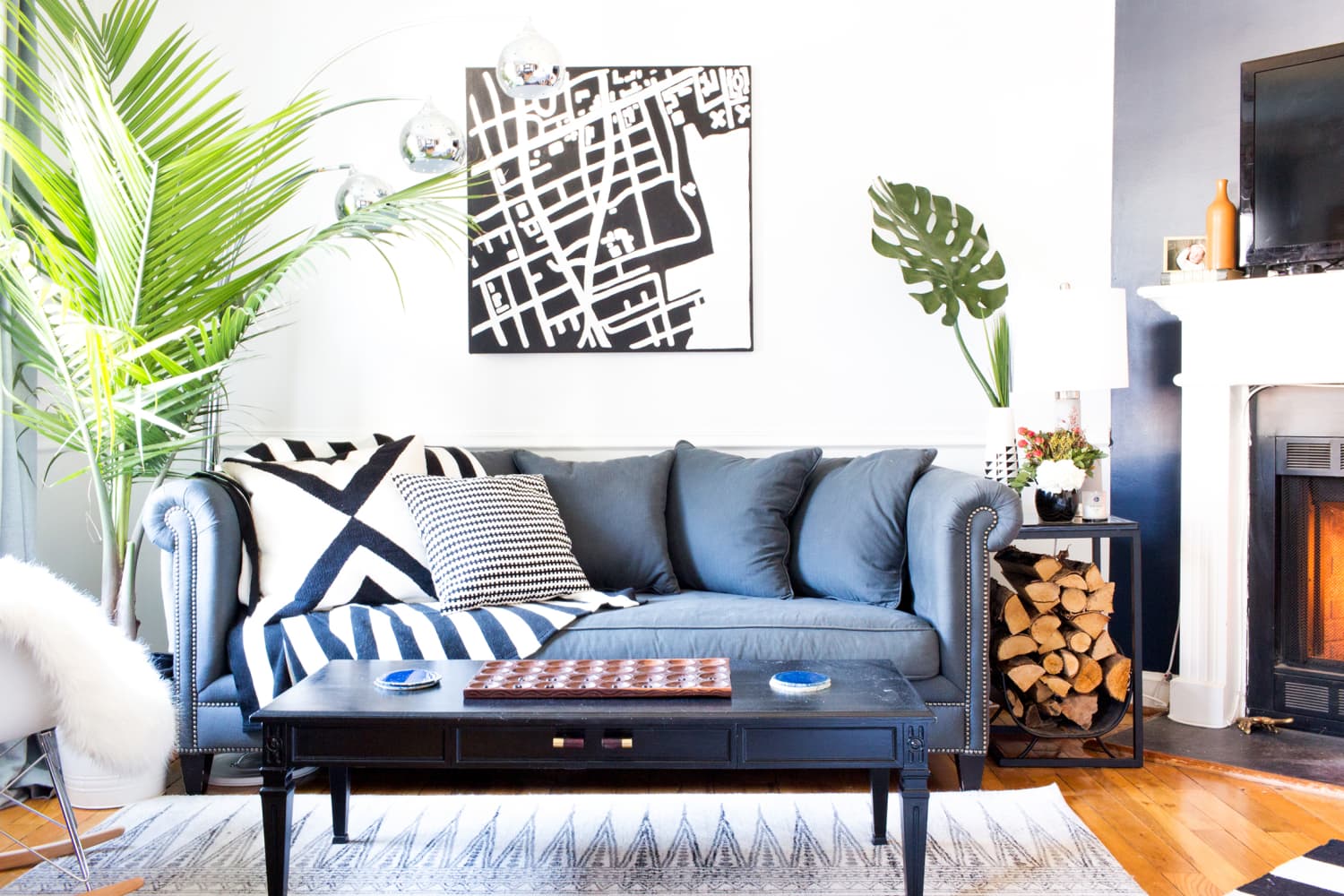 Navy blue and store white striped couch