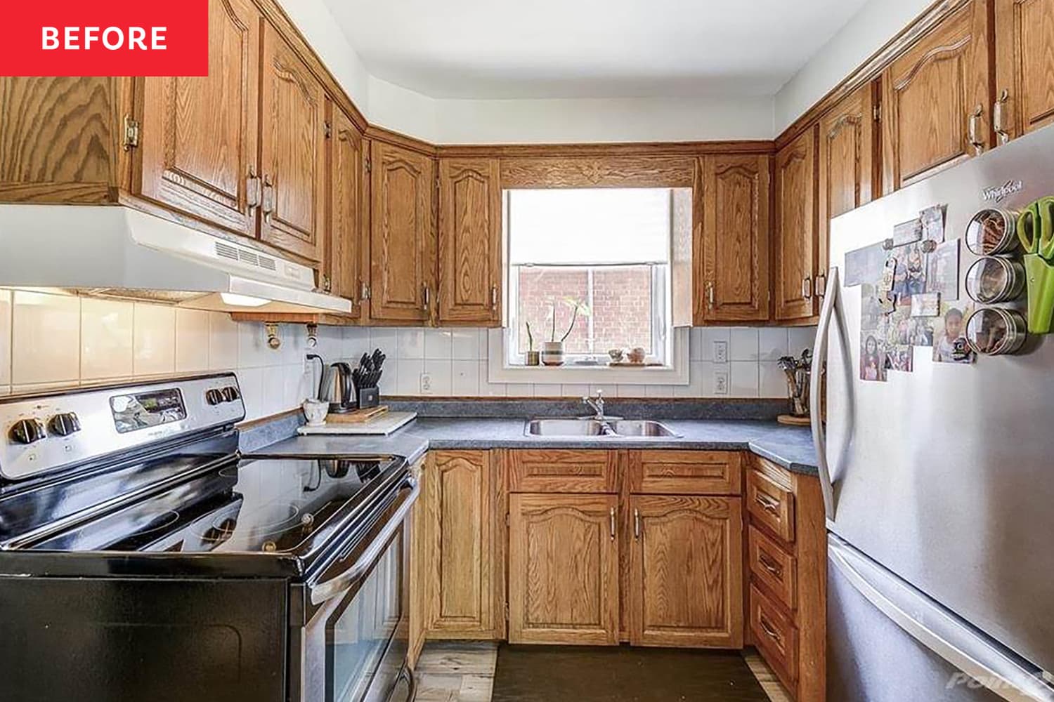 Before & After: Yellow Cabinets and a Pink Checkerboard Brighten Up a “Tired” Kitchen — for Only ,000