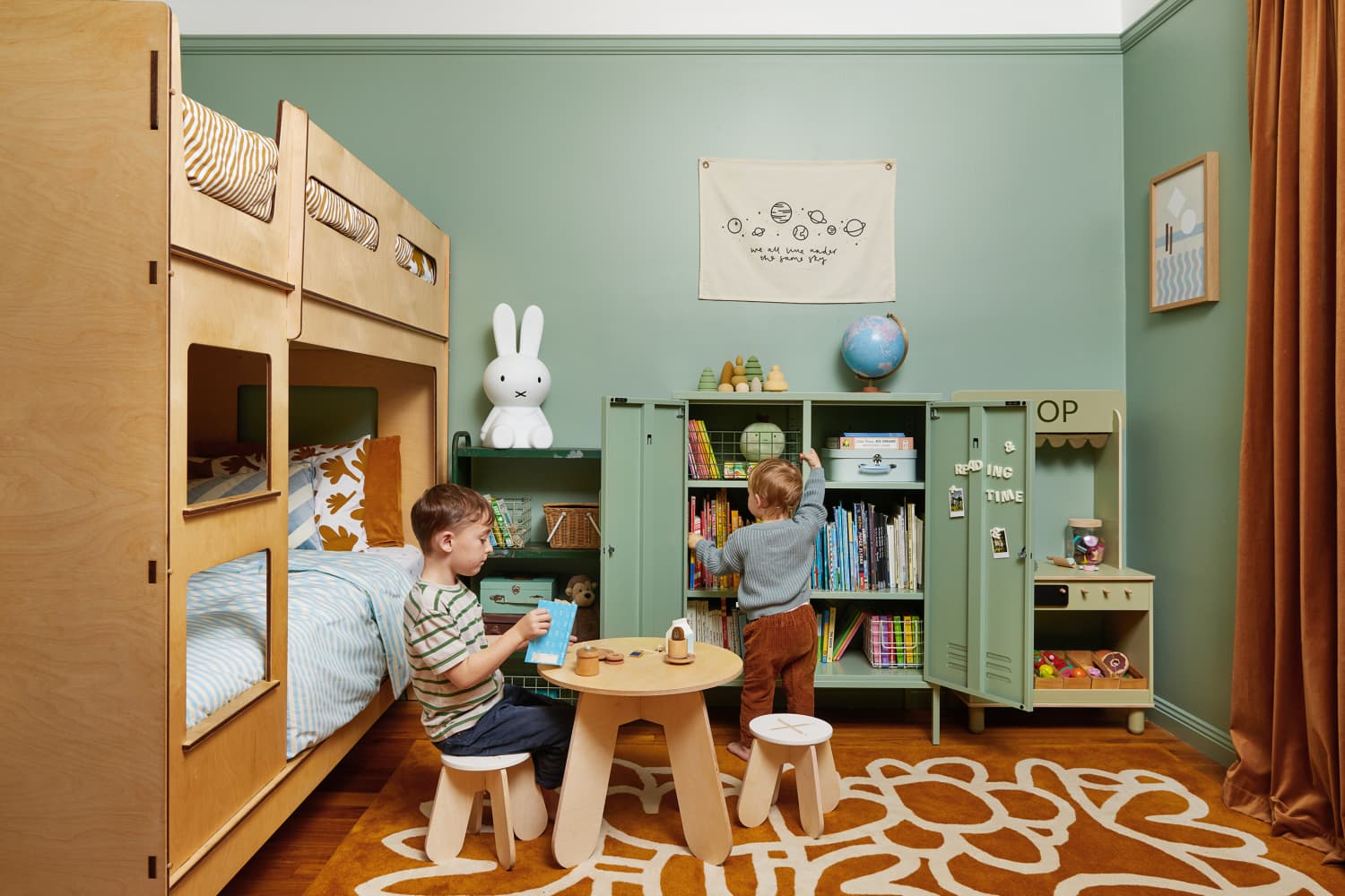 This Green Kids Bedroom Has a Great Storage Idea Cubby