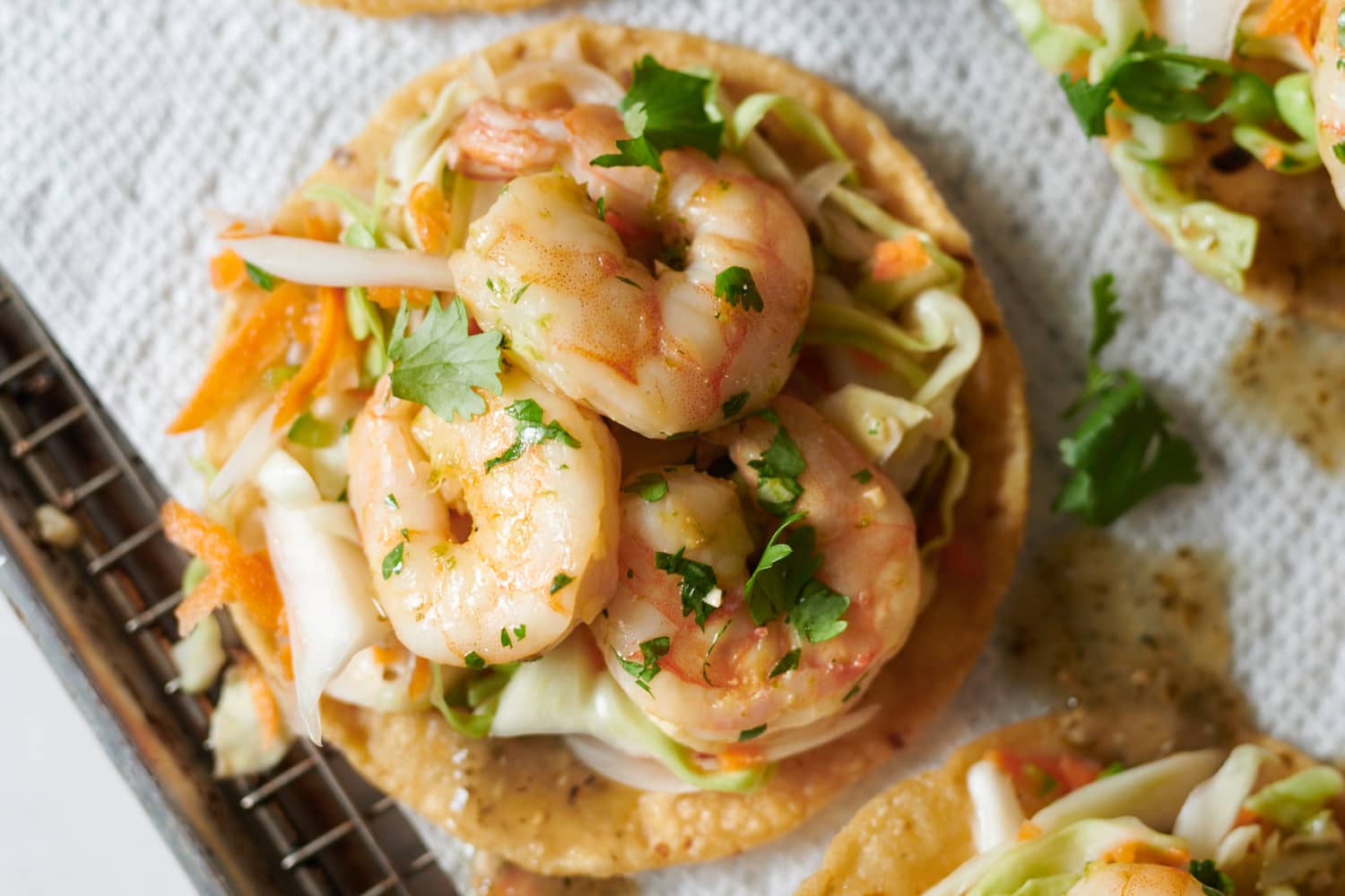 Shrimp Tostadas with Salsa Verde and Quick Curtido