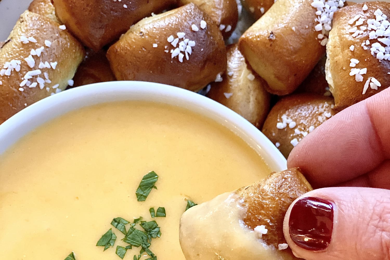 Biscuit Pretzel Bites with Hot Dogs and Nacho Cheese Dipping Sauce