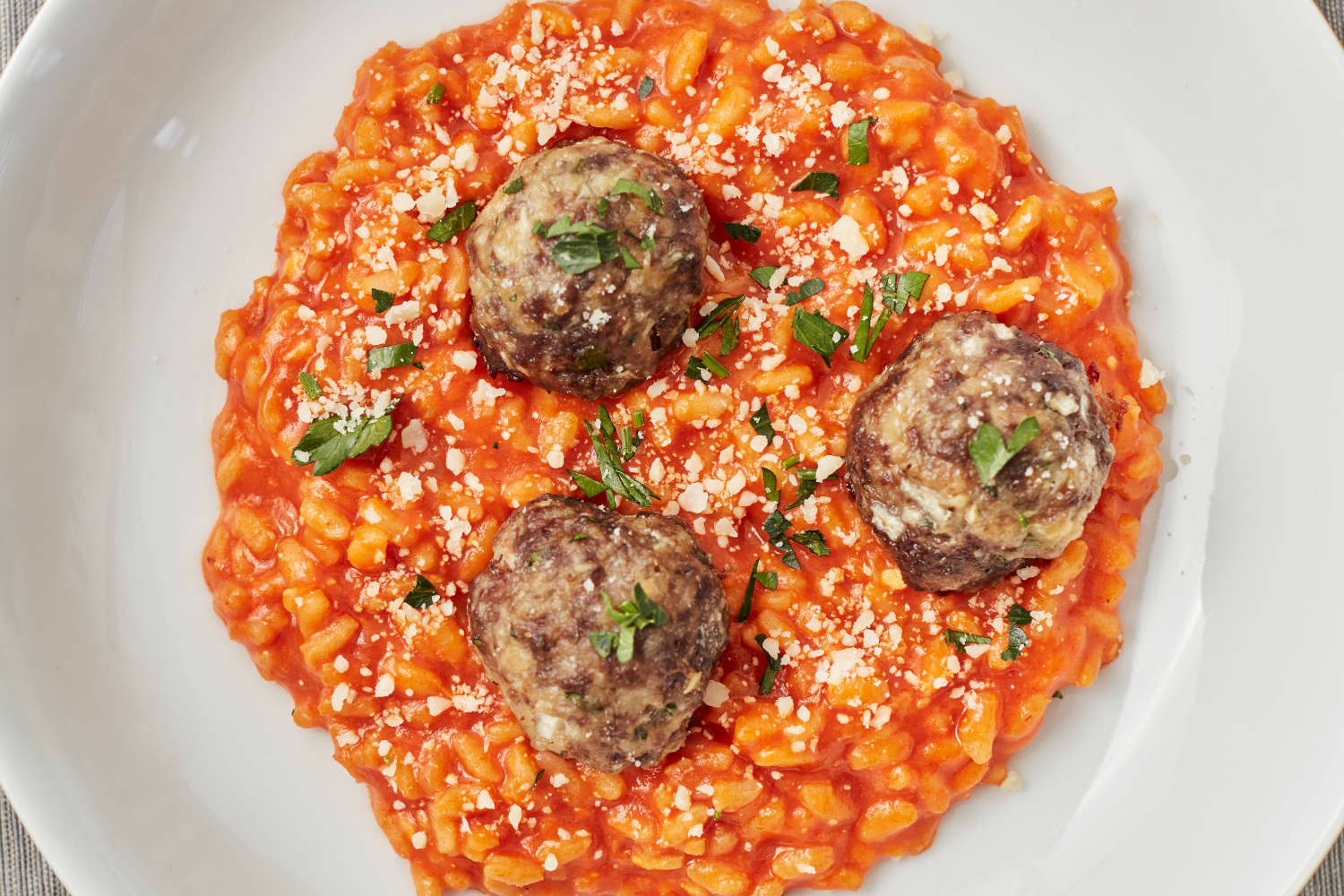 Creamy Tomato Risotto with Meatballs and Parmesan | Kitchn