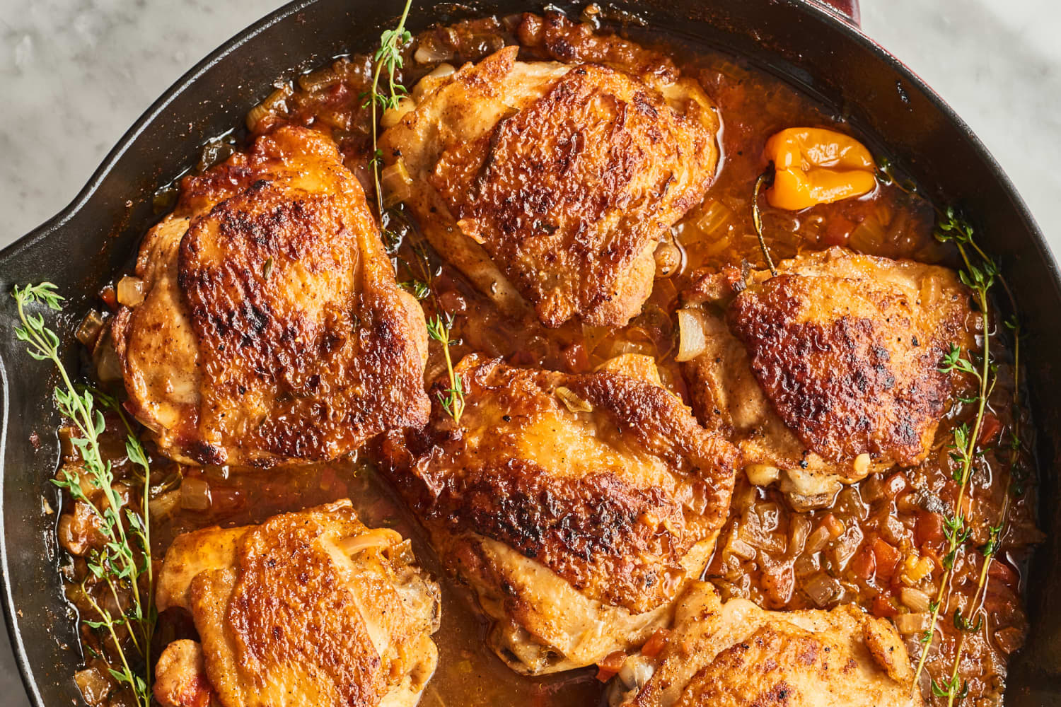 Jamaican Brown Stew Chicken with Herb-Roasted Potatoes Recipe