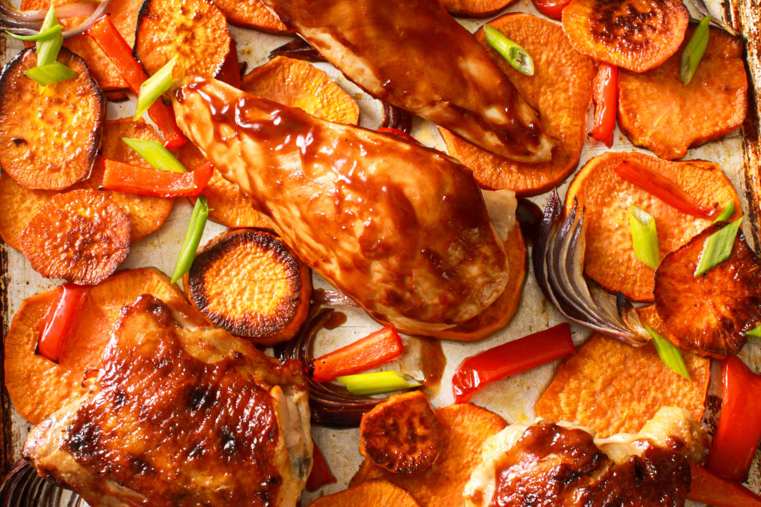 Saucy Sheet Pan Chicken with Sweet Potatoes and Peppers