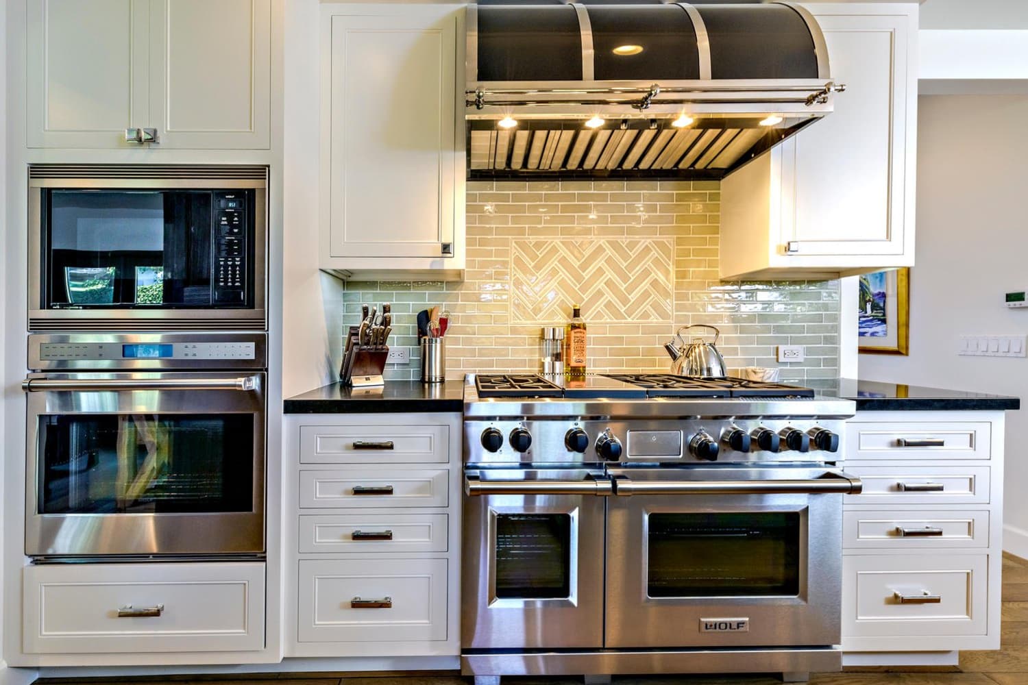 Blue Kitchen with Steel and Brass Range Hood - Contemporary - Kitchen