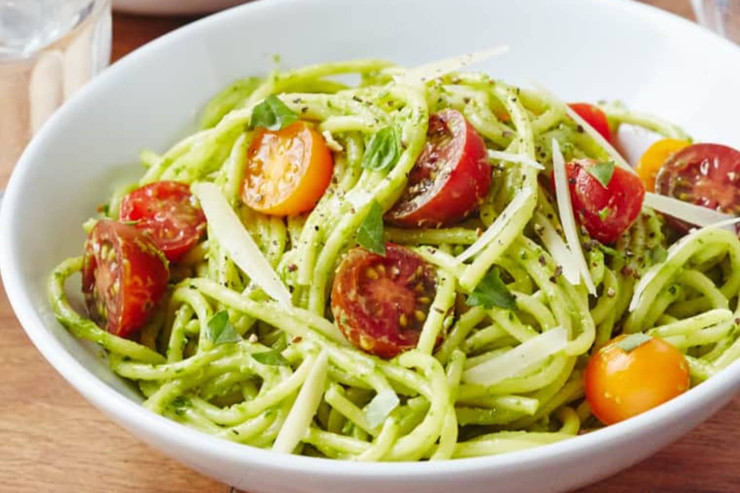 zucchini pasta salad with avocado spinach dressing