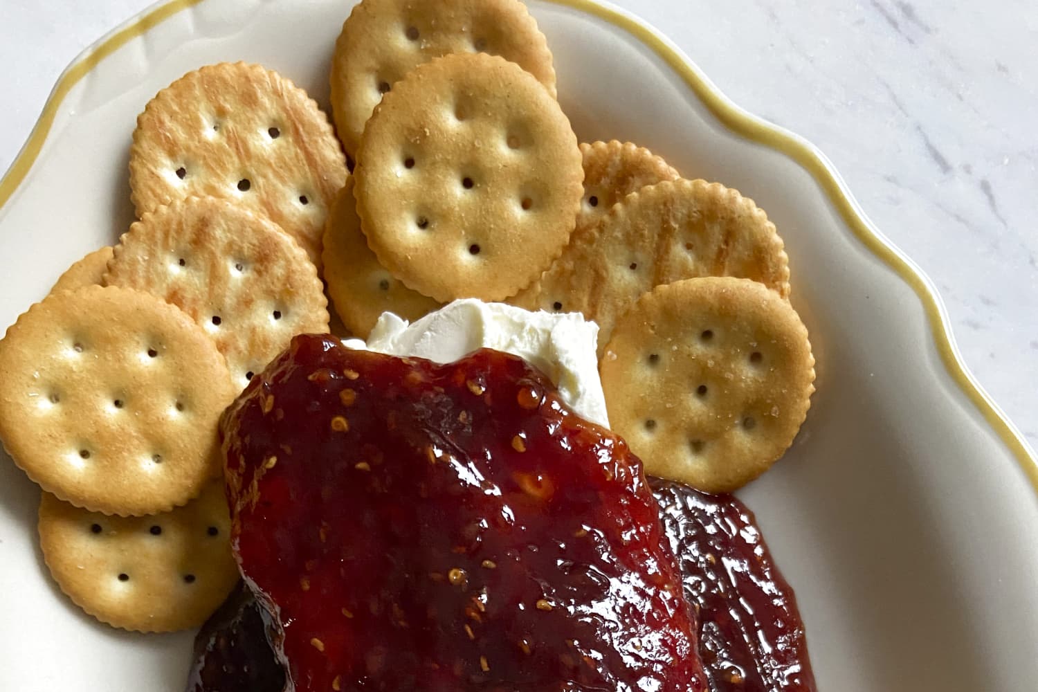 Cream Cheese, Raspberry Red Pepper Jelly Dip Recipe (with Ritz crackers