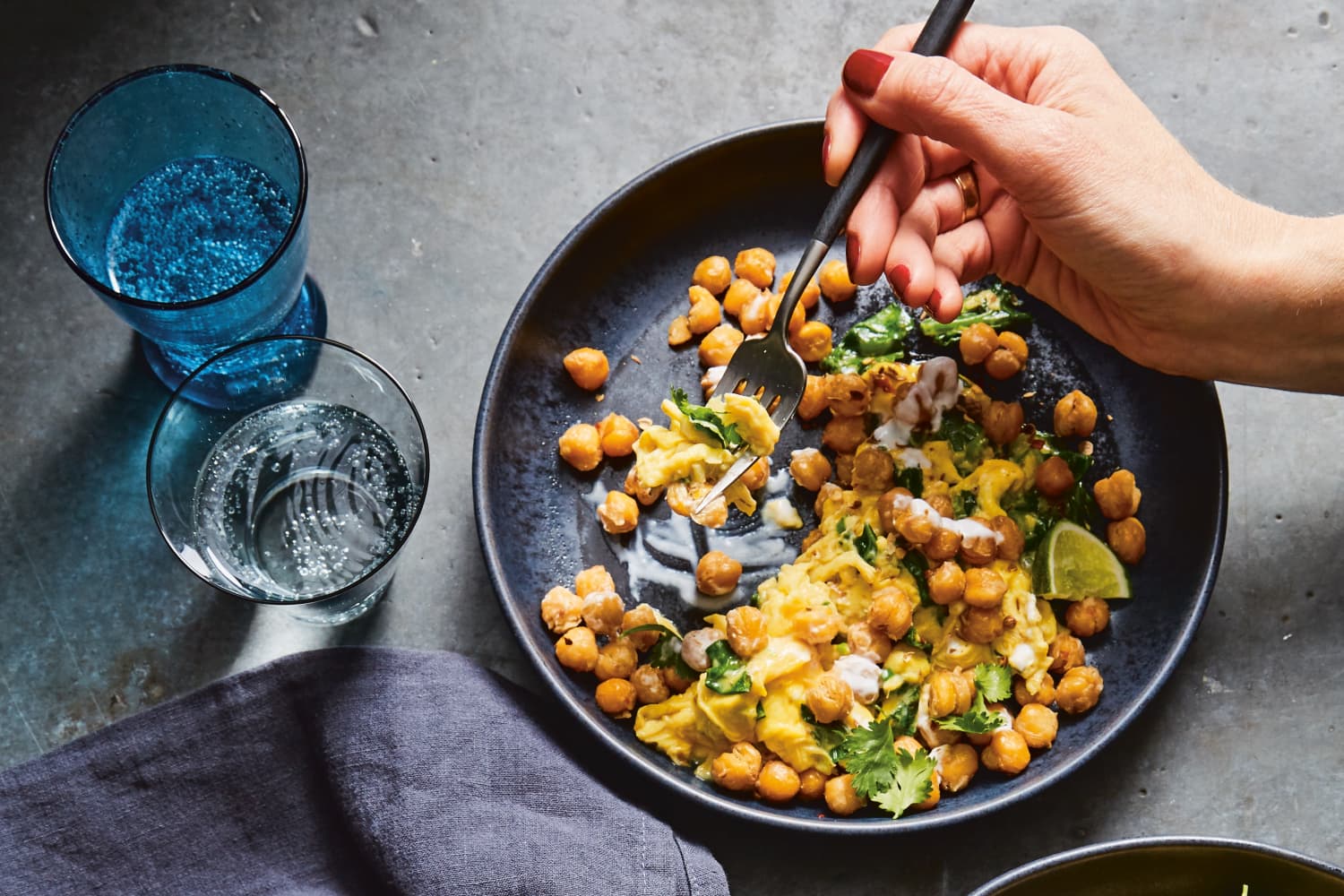 Fried Chickpeas and Scrambled Eggs with Garlicky Greens and Spicy