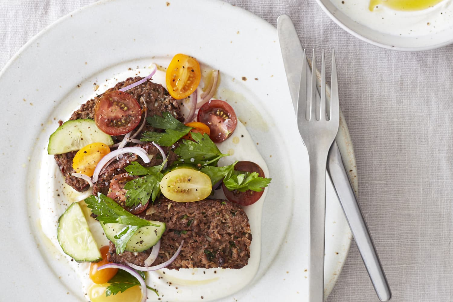 Impossible Kofta Meatloaf with Spiced Yogurt and TomatoCucumber Salad