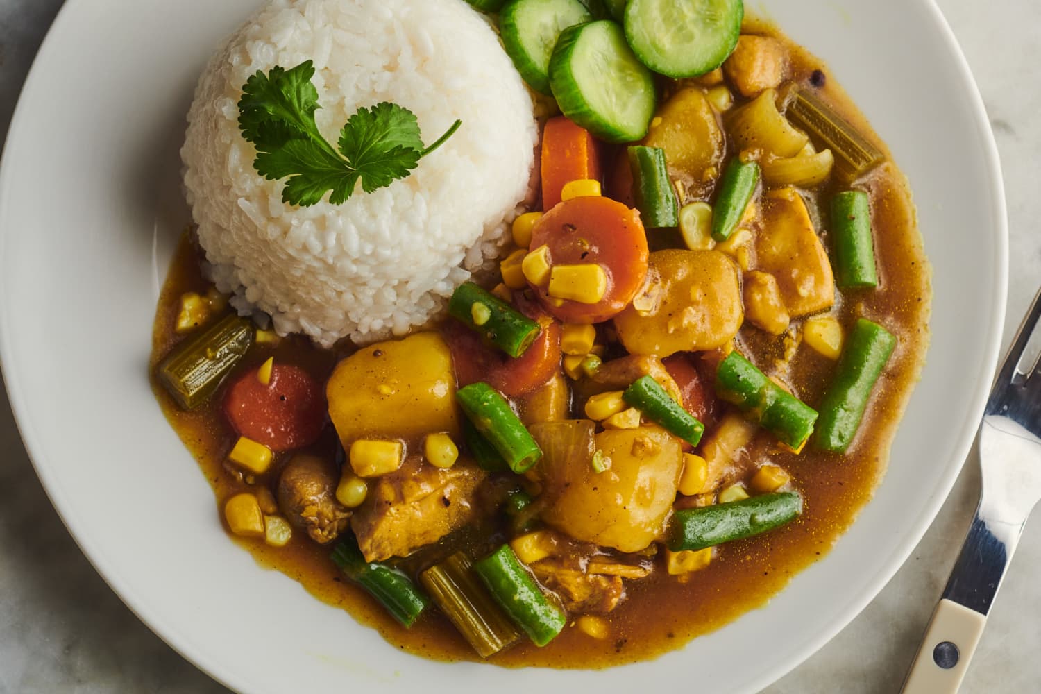 Japanese Chicken and Vegetable Curry with Rice and Quick Cucumber Pickles