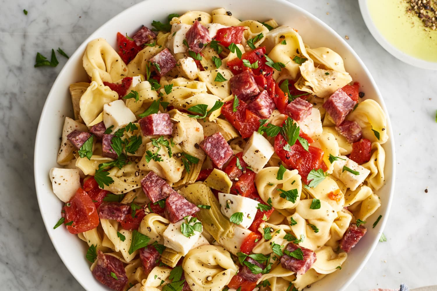 Cheese Tortellini with Salami, Mozzarella, and Marinated Veggies The