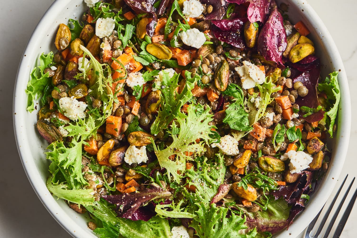 Herby French Lentil Salad with Carrots, Goat Cheese, and Pistachios