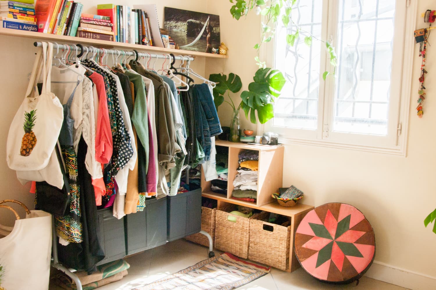 Jami Black Closet Rack with Brown Wooden Shelves