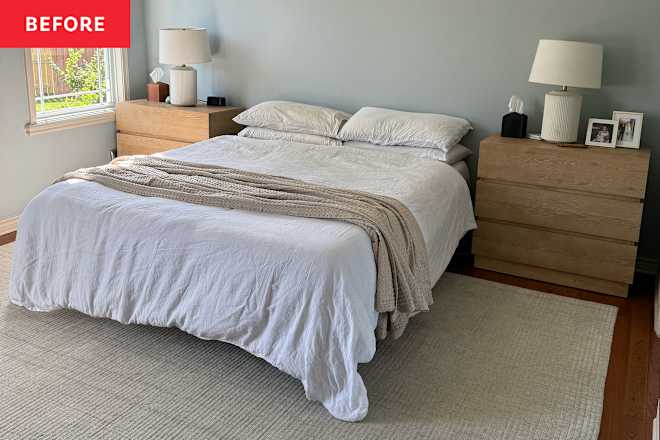 Bedroom makeover with dark paint and wall molding