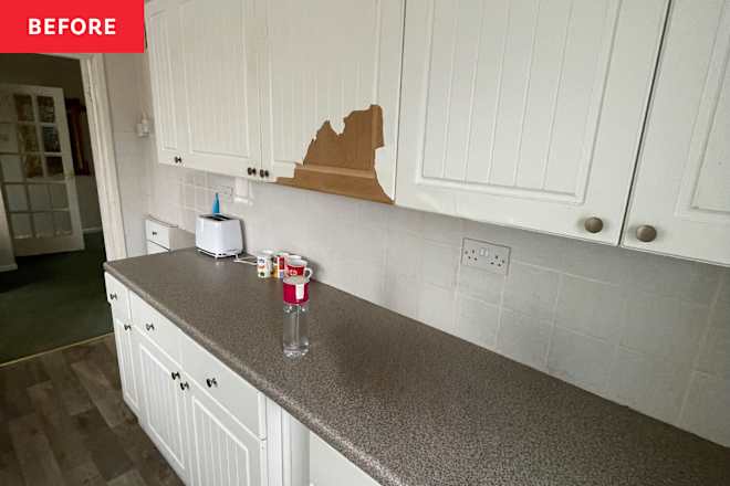 A Peeling Laminate Kitchen Gets a $675 Paint Makeover (It’s So Charming!)