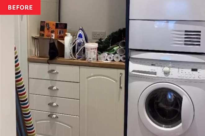 This $160 Laundry Room Makeover Proves “Paint and a Roll of Wallpaper Can Do Magic” 