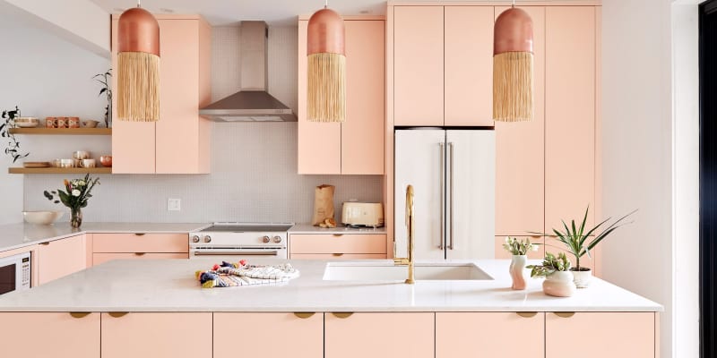 Pink and Blue Pastel Modern Kitchen Interior. Kitchen Accessories