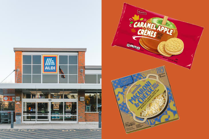 Diptych of (left) Aldi store front; (right) Aldi groceries