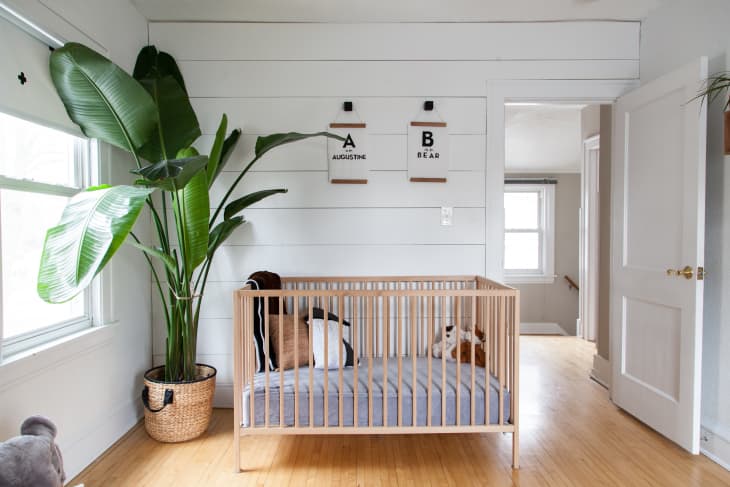 Nursery with wooden crib, large potted plant, and wall art featuring letters A and B.