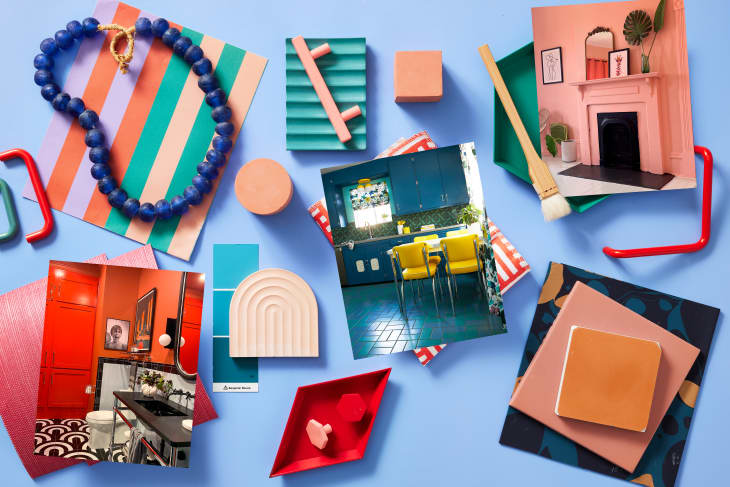 Mood board inspired still life inspired by a roundup of our most colorful before and after room makeovers.