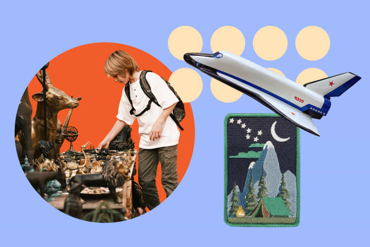 Child exploring a table of vintage items, with a toy space shuttle and camping patch on a colorful background.