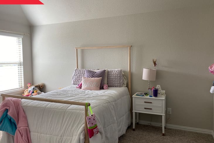 Before: mostly bare white bedroom with bed and nightstand