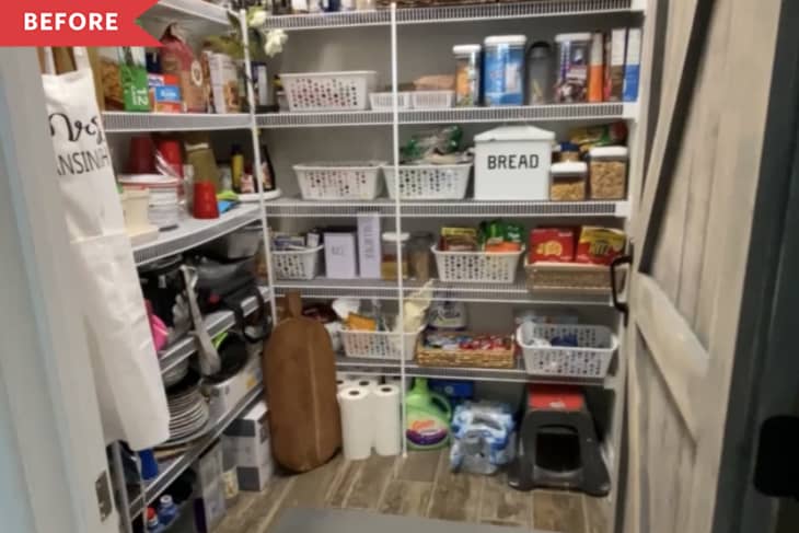 Before: crowded pantry with wire shelving