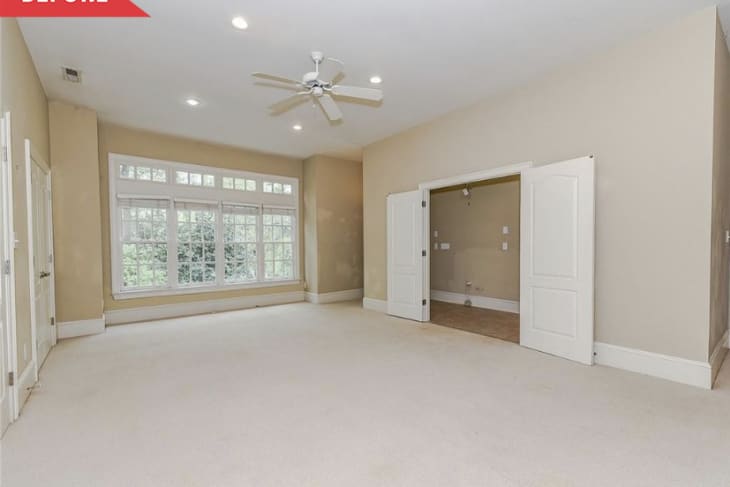 Before: Tan living room with beige carpet, multiple closets, and entry to a laundry room
