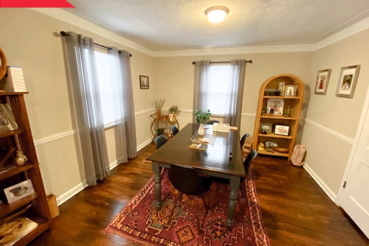 Before: Dining room with beige walls, dated light fixture, and shelves in opposite corners