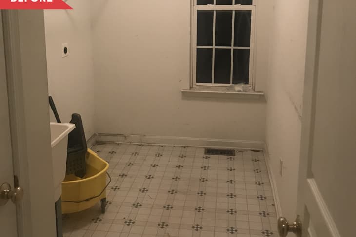 Before: Laundry room with white walls and faded vinyl floors