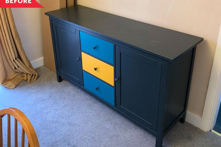 Before: Black IKEA Hemnes with blue and yellow drawers in center