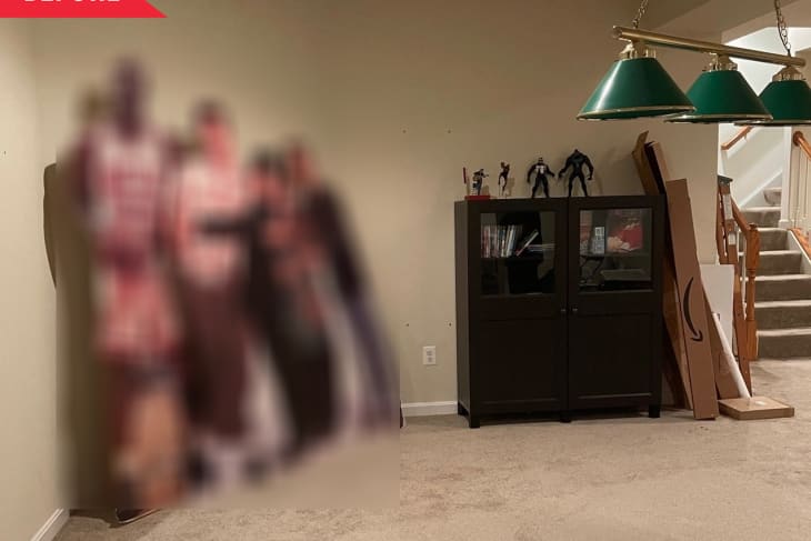 Before: Mostly empty basement with tan walls, tan carpet, and cardboard cutouts of pop culture personalities (blurred)