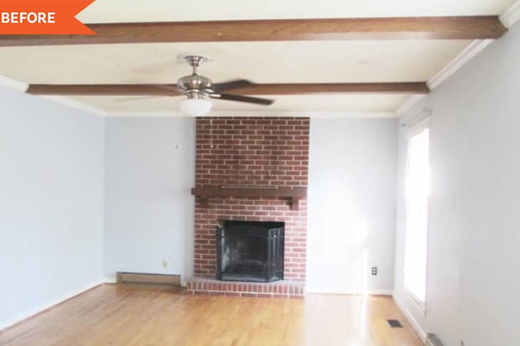 Before: empty white room featuring a brick fireplace