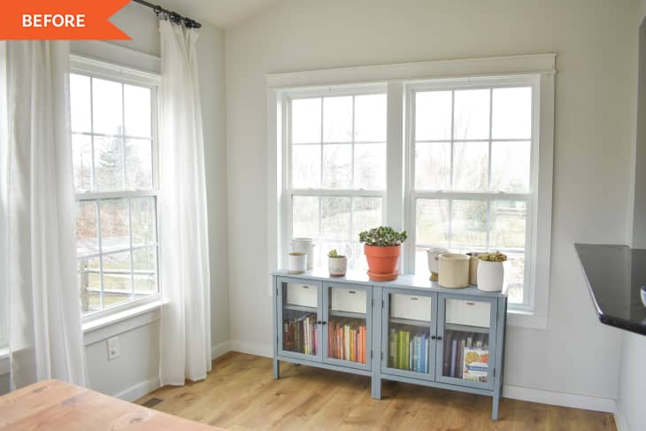 Before: white walls with white curtains, a blue shelf