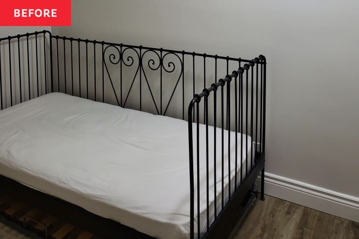 Before: a metal daybed with a white mattress