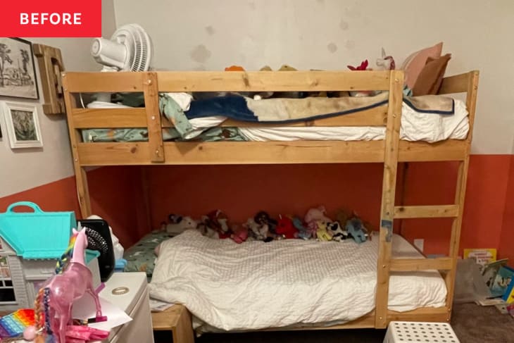 Before: a wooden bunk bed with toys on the bottom bunk and fans on the top
