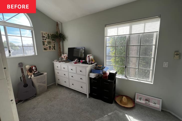 Light green painted kids bedroom before renovation.