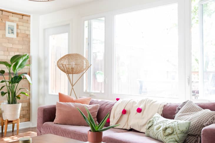 Cozy living room with a pink sofa, colorful cushions, wooden coffee table, and potted plants by large windows.