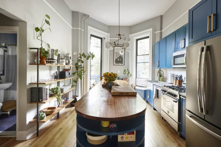 Stainless steel appliances in gray-painted kitchen with blue cabinets and plant filled open shelves.