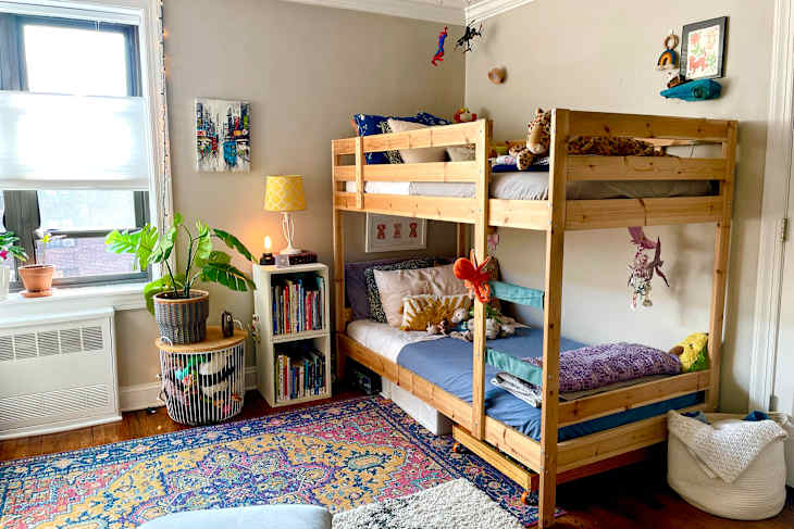 Cozy children's bedroom featuring a wooden bunk bed, colorful rug, bookshelves, and plants. Decor includes toys and artwork.