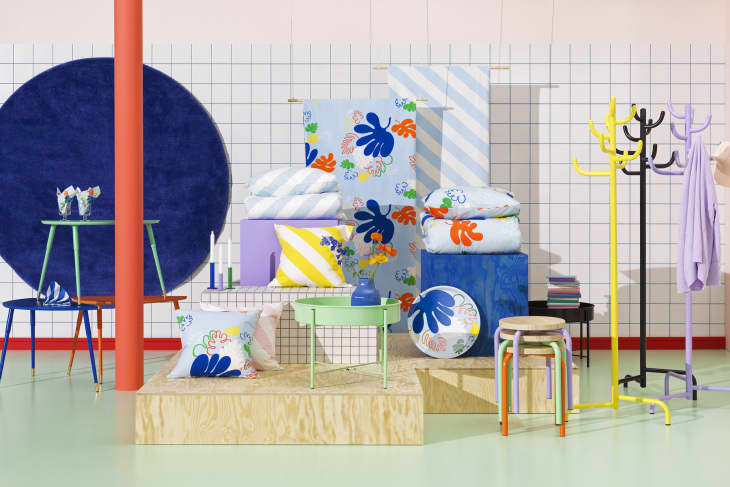 Colorful studio photo of items from the IKEA 80th anniversary Nytillverkad collection