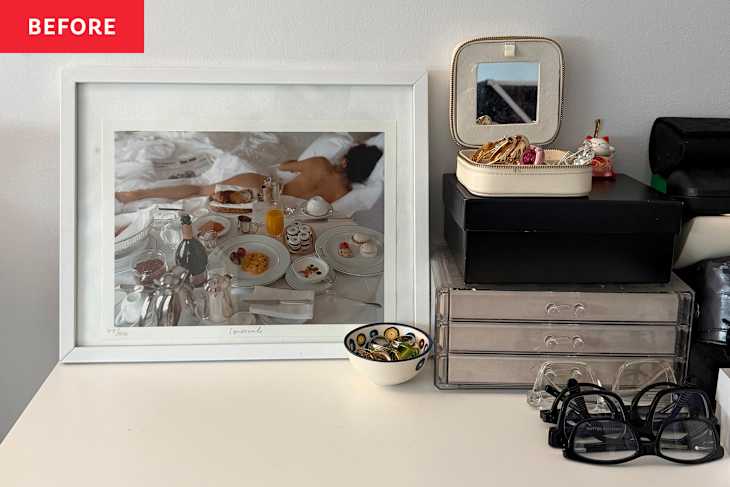 Jewelry on surface before adding paper towel holder.