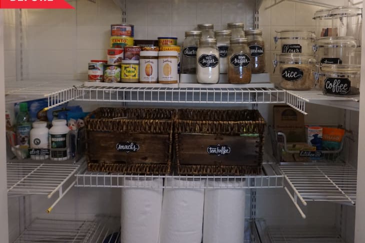 Before: Organized pantry with wire shelving