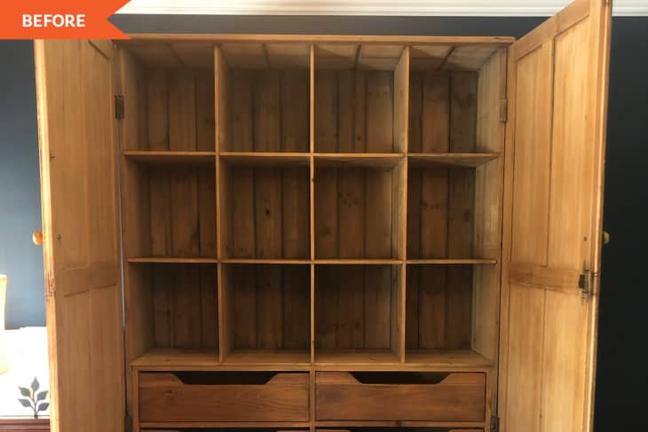 Open wooden wardrobe with empty shelves and drawers, labeled "Before" in the top left corner.