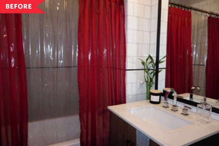 Before: Shower with red curtain next to sink