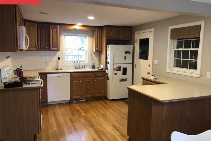 Brown kitchen cabinets with hot sale white appliances