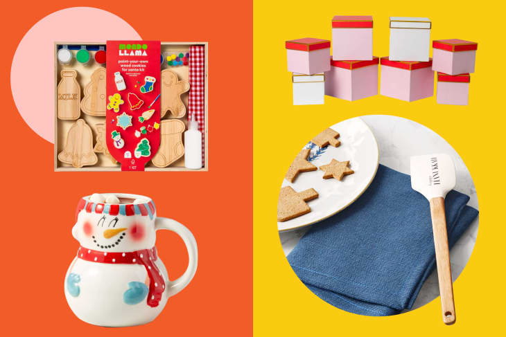 Holiday-themed items including a snowman mug, paint-your-own cookie kit, gift boxes, and cookies with a spatula.