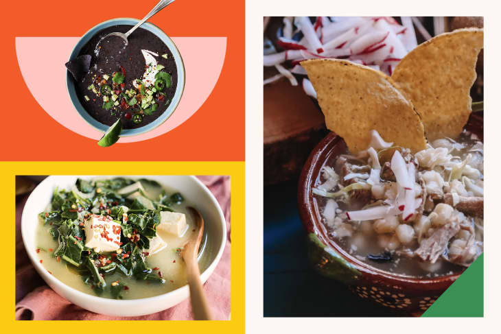 Three bowls of soup: black bean with avocado, kale with tofu, and pozole with radish and tortilla chips.