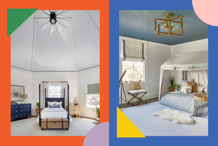 Two bedrooms with unique decor: one with a canopy bed and blue dresser, the other with a starry ceiling and tented bed.