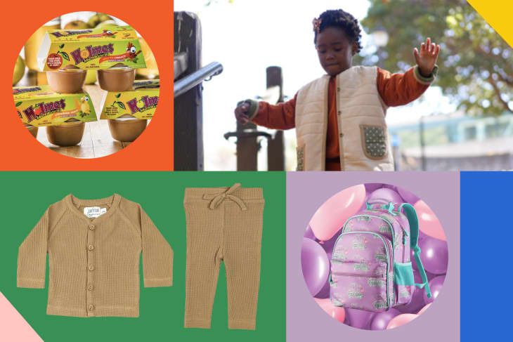 Child balancing on playground equipment, brown knit baby outfit, pink backpack with balloons, and chocolate pudding packs.